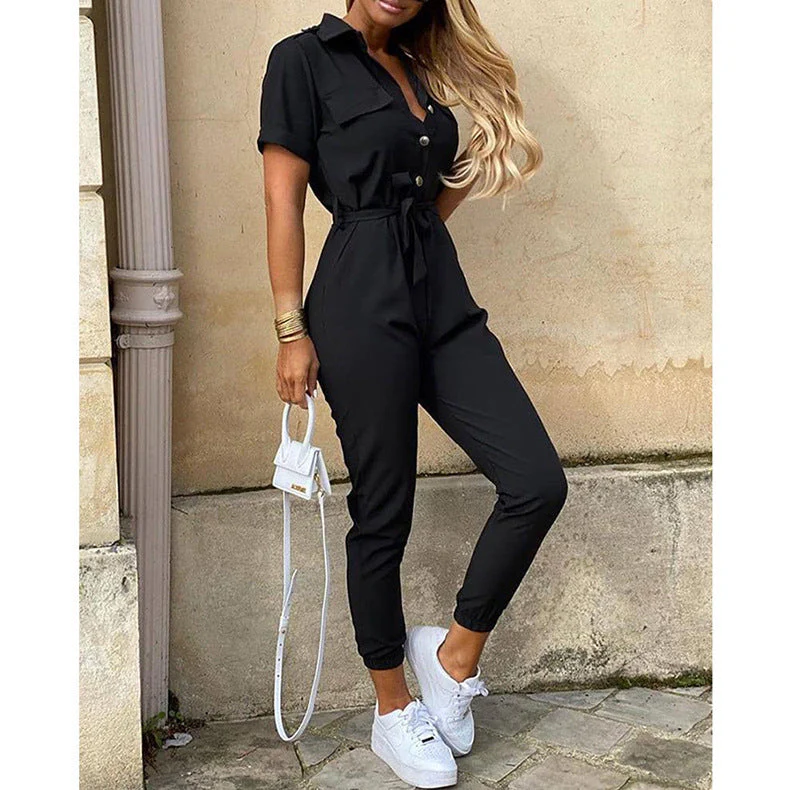 Damen Figurbetonter Kurzoverall mit Knopfleiste und Taillierbarem Gürtel Heidi-Mode - Image 8