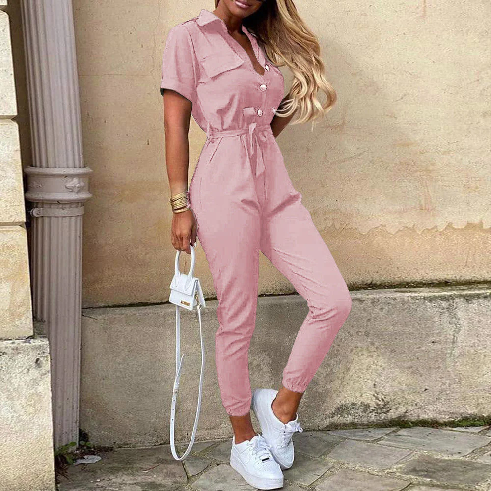 Damen Figurbetonter Kurzoverall mit Knopfleiste und Taillierbarem Gürtel Heidi-Mode - Image 9