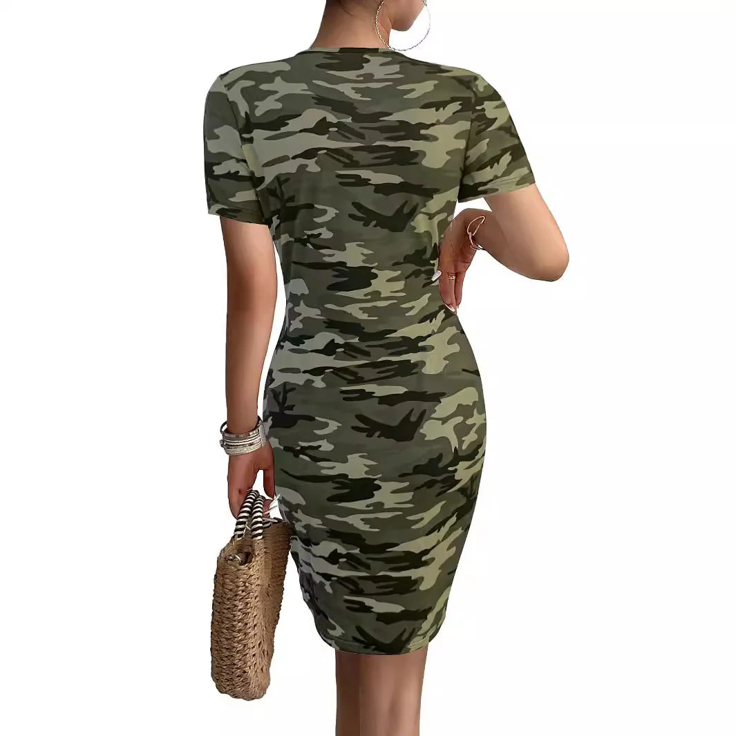 Damen Figurbetontes Camouflagemuster Kleid mit Kurzarm und V-Ausschnitt Heidi-Mode - Image 2