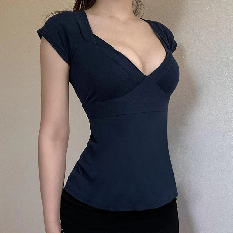 Damen Figurbetontes Kurzarmshirt mit V-Ausschnitt Heidi-Mode