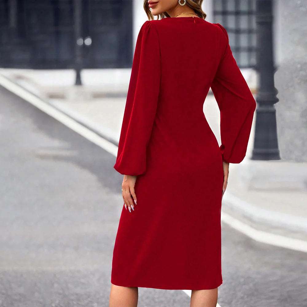 Damen Figurbetontes Midi-Kleid mit Schickem Quadrat-Ausschnitt und Eleganten Puffärmeln Heidi-Mode - Image 2