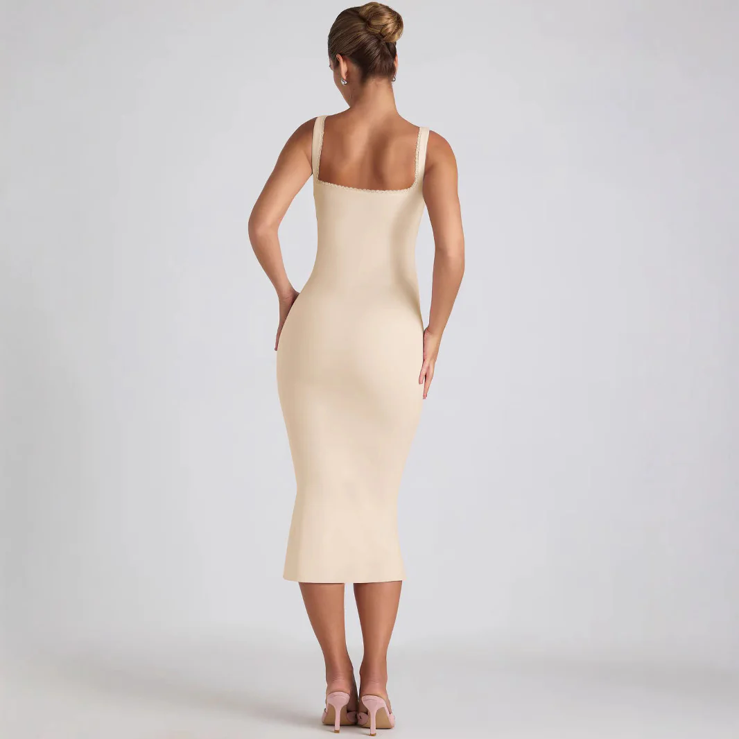Damen figurbetontes Midikleid mit quadratischem Ausschnitt und Spitzenakzenten Heidi-Mode - Image 4