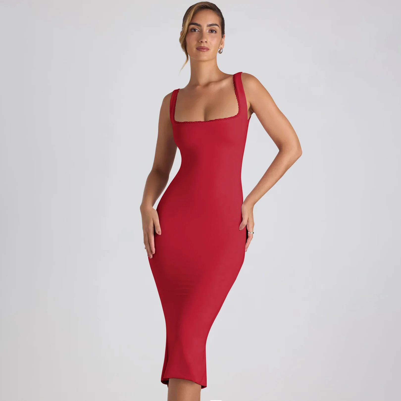 Damen figurbetontes Midikleid mit quadratischem Ausschnitt und Spitzenakzenten Heidi-Mode - Image 7
