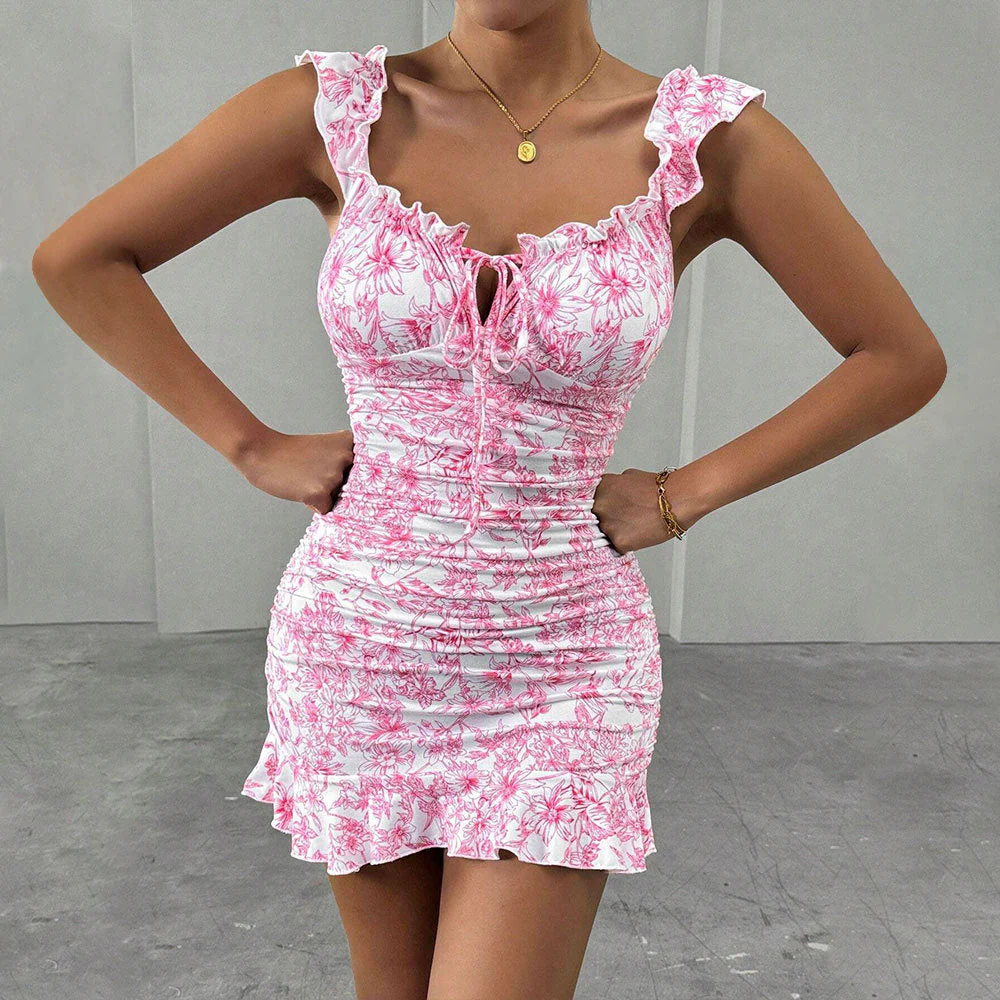 Damen Figurbetontes Minikleid mit Raffiniertem Blumenmuster und Elastischem Rüschensaum Heidi-Mode - Image 3