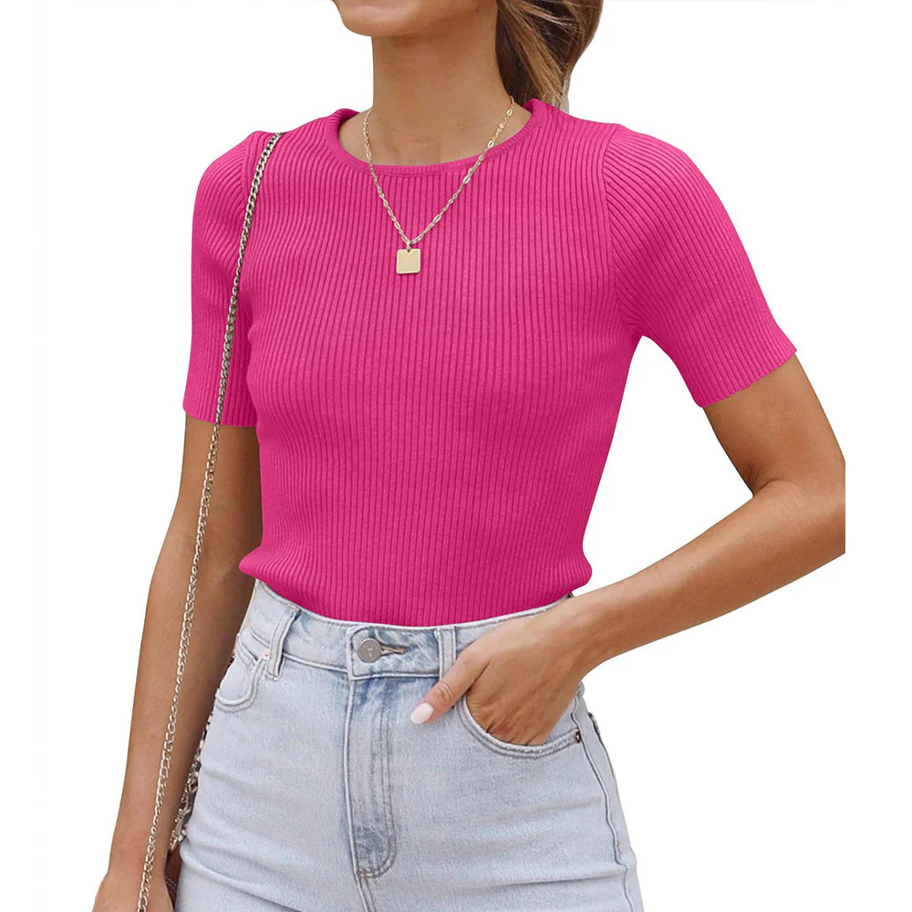 Damen Figurbetontes T-Shirt mit Feiner Rippstruktur und Rundhalsausschnitt Heidi-Mode - Image 5