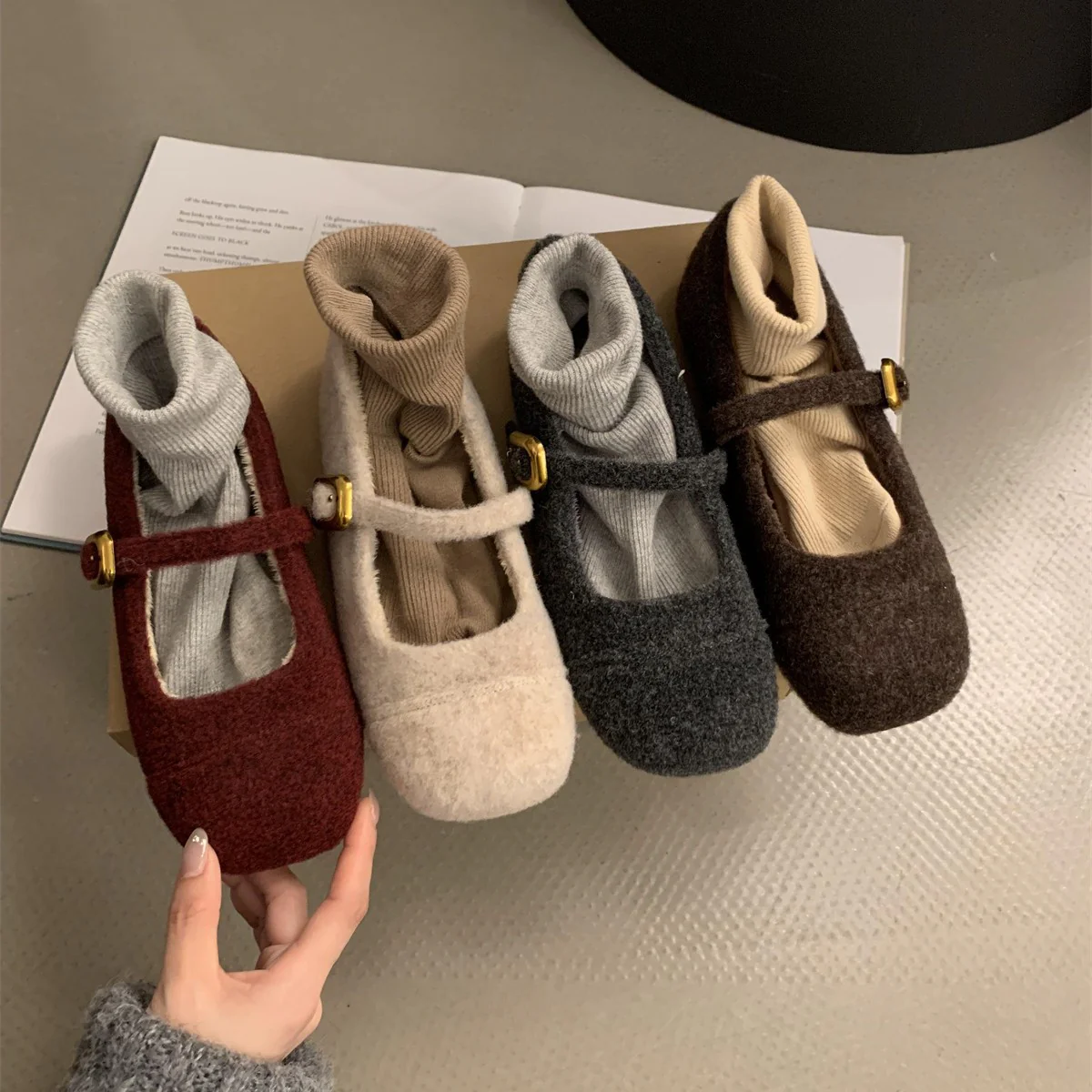 Damen Filz Ballerinas mit praktischem Riemchen und luxuriösem Innenfutter Heidi Mode