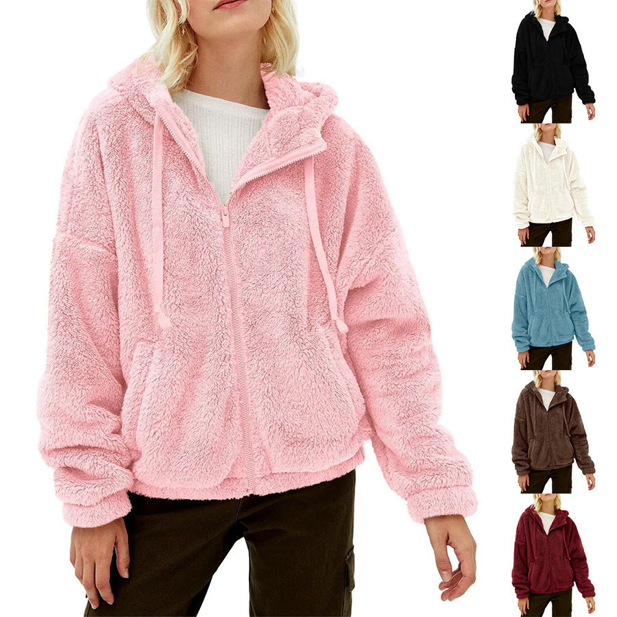 Damen Flauschige Kapuzenjacke mit Praktischen Taschen und Reisverschluss Heidi-Mode