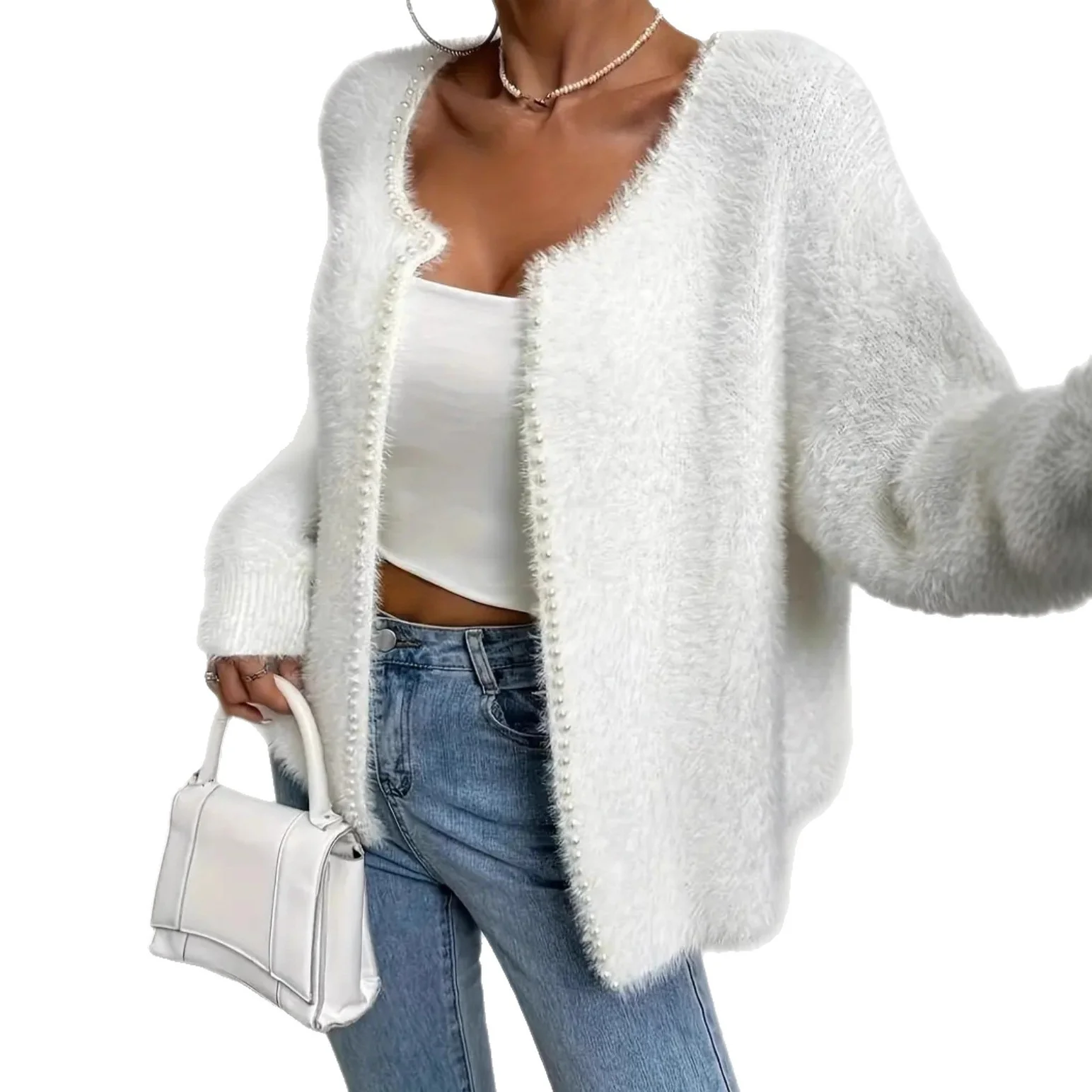 Strickjacke Damen flauschig mit Perlenverzierung - Image 12