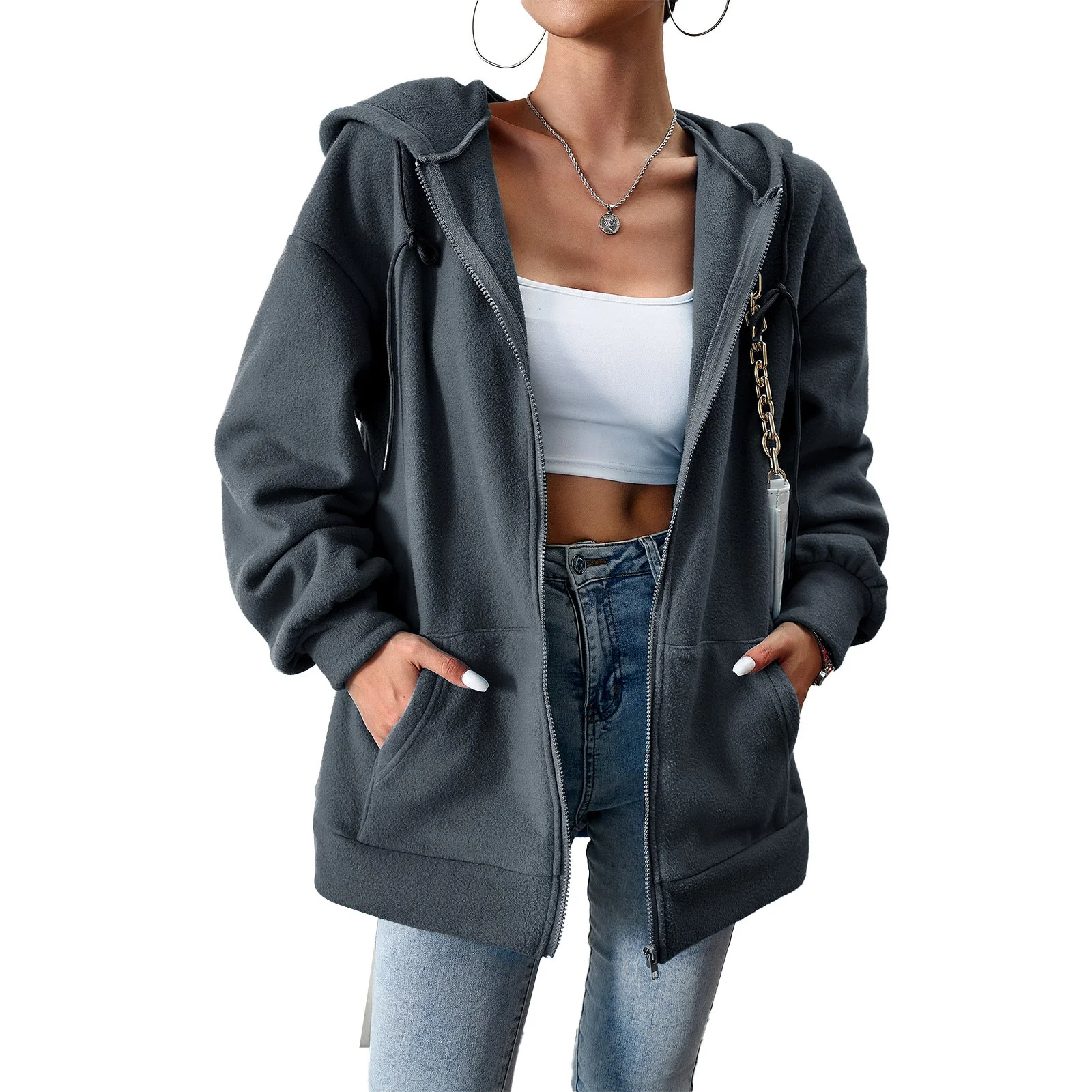 Damen Fleecejacke mit Praktischen Taschen und Verstellbarem Kapuzenzug Heidi-Mode - Image 2