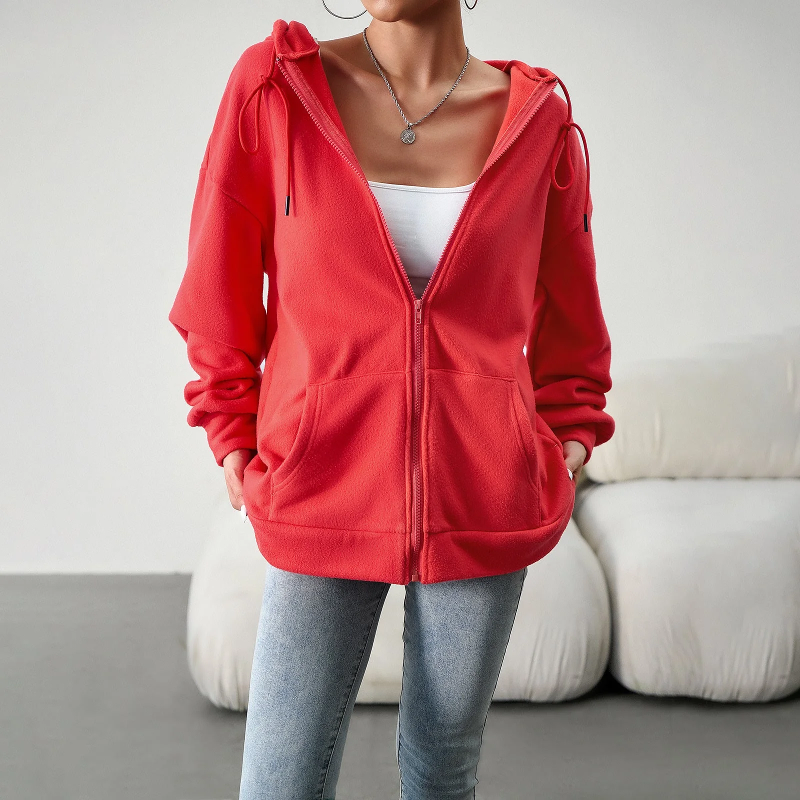 Damen Fleecejacke mit Praktischen Taschen und Verstellbarem Kapuzenzug Heidi-Mode - Image 3