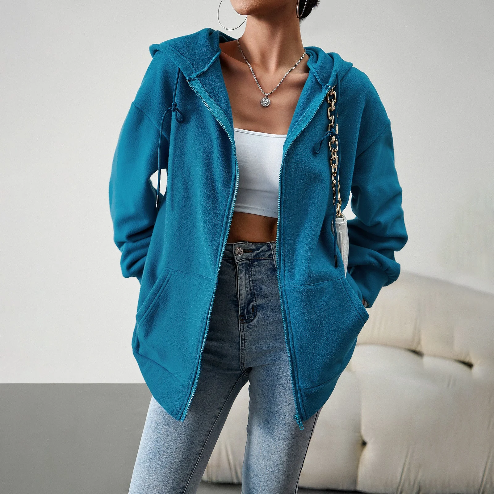 Damen Fleecejacke mit Praktischen Taschen und Verstellbarem Kapuzenzug Heidi-Mode - Image 5