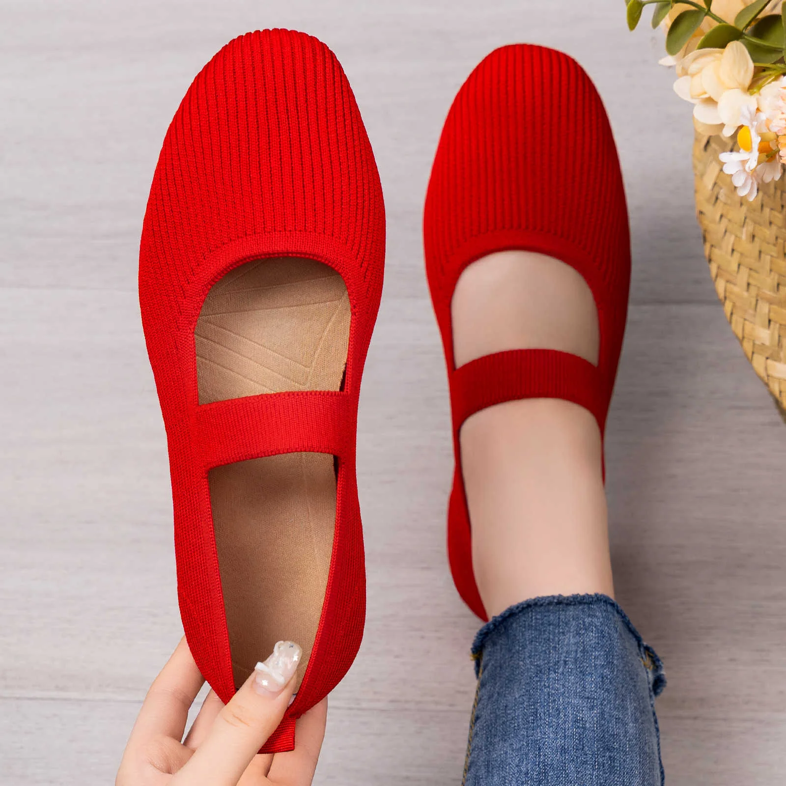 Damen Flexibele Strick Ballerinas mit verstellbarem Riemen Heidi Mode