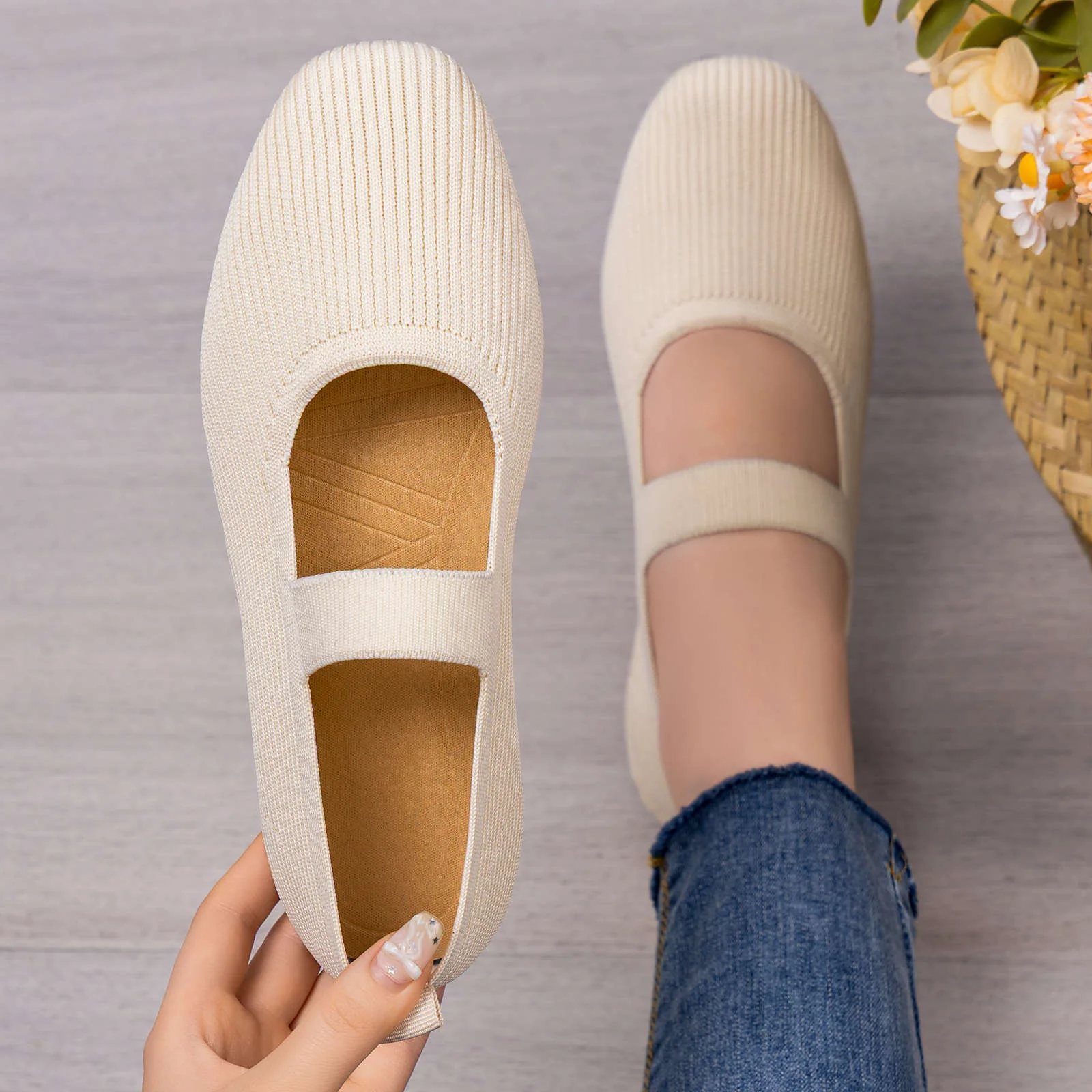 Damen Flexibele Strick Ballerinas mit verstellbarem Riemen Heidi Mode - Image 3
