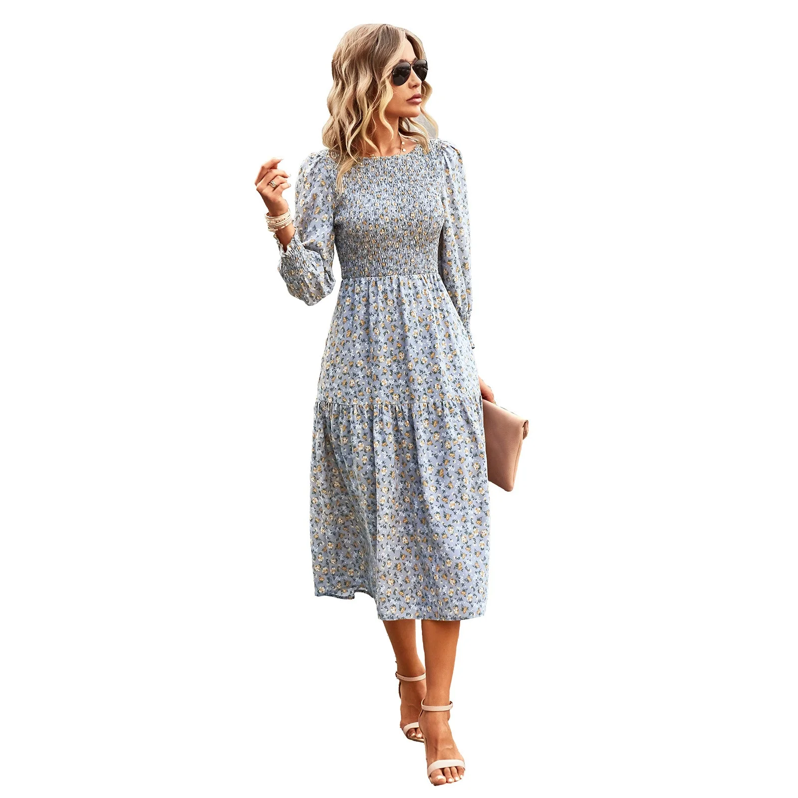 Damen Florales Midi-Kleid mit Geraffter Taille und Langen Ärmeln Heidi-Mode - Image 5