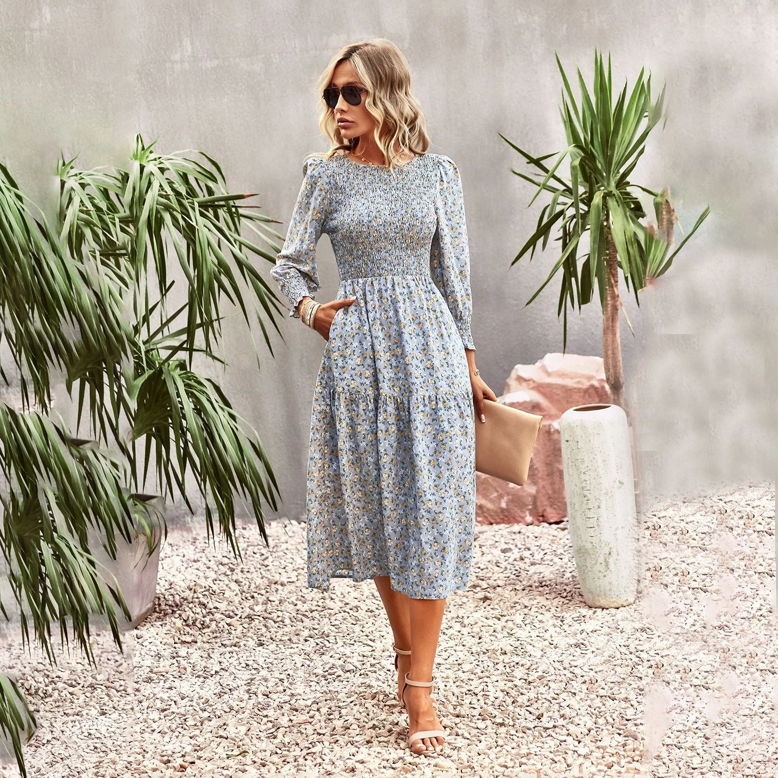 Damen Florales Midi-Kleid mit Geraffter Taille und Langen Ärmeln Heidi-Mode - Image 7