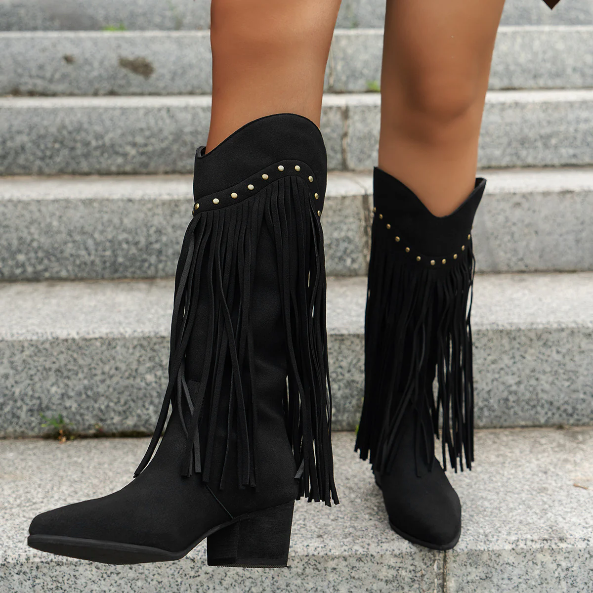 Damen Fransen-Stiefel mit modischen Nieten und komfortablem Blockabsatz Heidi Mode - Image 2
