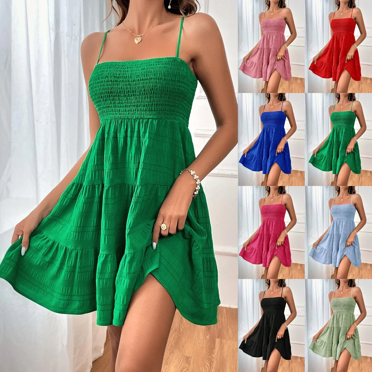 Damen Freizeitkleid mit Schmalen Trägern und Rüschendetails Heidi-Mode