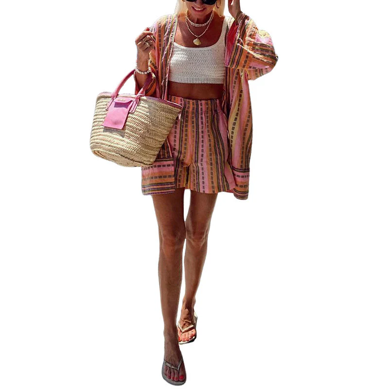 Damen Freizeitoberteil mit Lässiger Strickoptik und Gestreiften Shorts Heidi-Mode - Image 5
