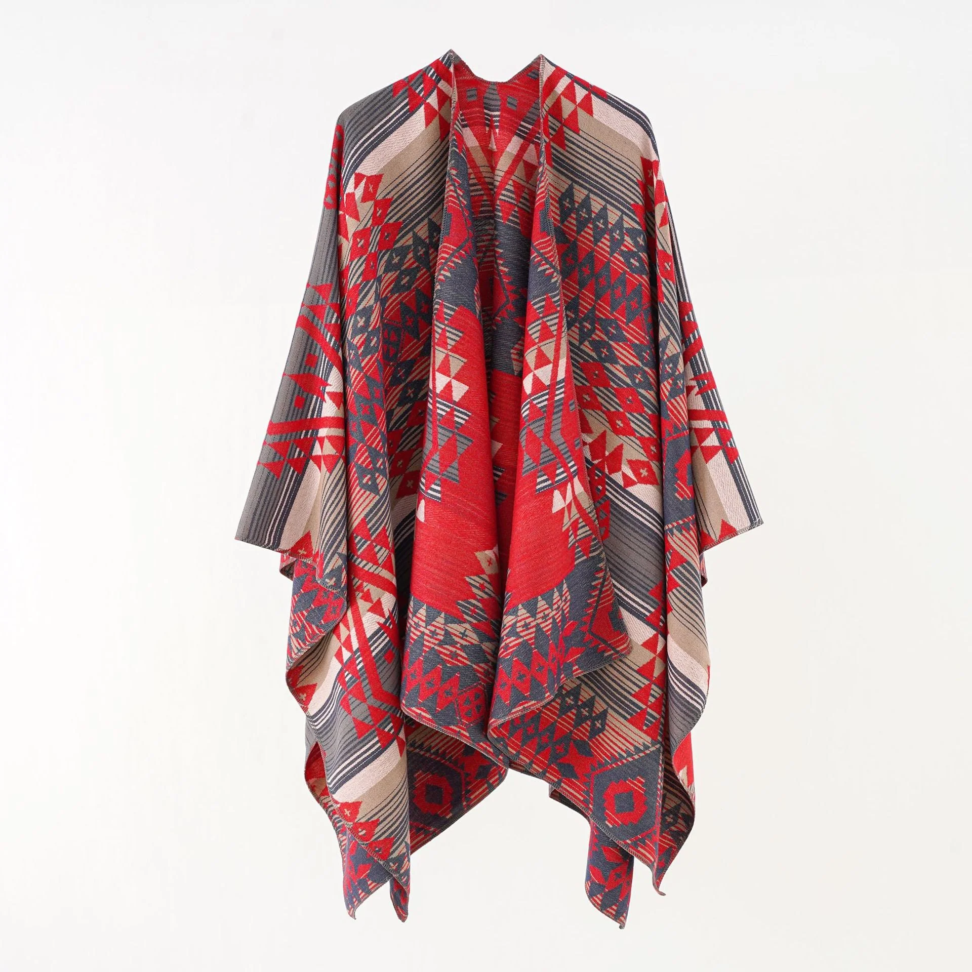 Damen Geometrischer Überwurfponcho mit Warmem Material und Trendiger Musterung Heidi-Mode - Image 5