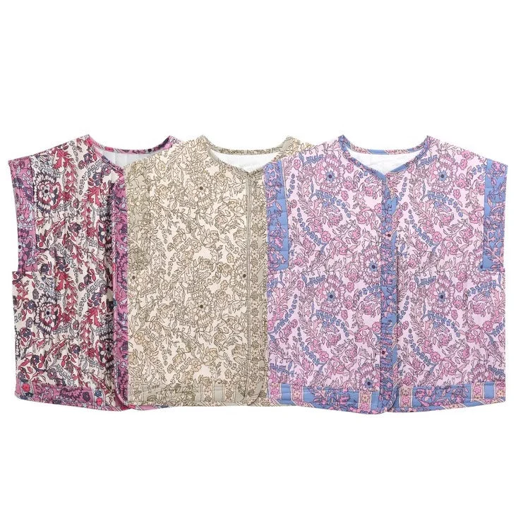 Damen Gesteppte Weste mit Floralem Design und Praktischen Taschen Heidi-Mode