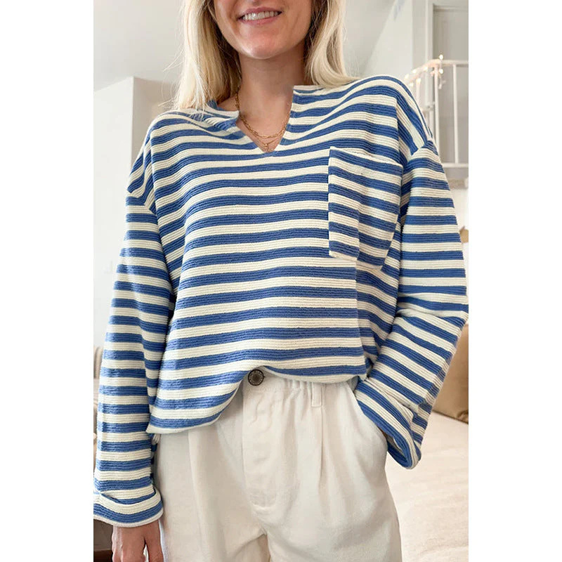 Damen Gestreiftes Sweatshirt mit V-Ausschnitt und Brusttasche Heidi-Mode - Image 2
