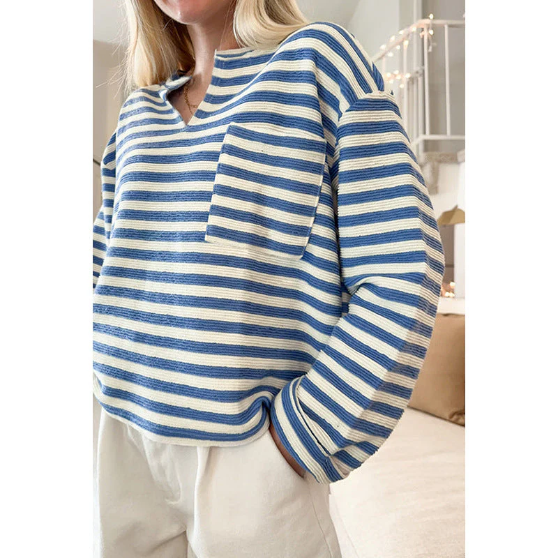 Damen Gestreiftes Sweatshirt mit V-Ausschnitt und Brusttasche Heidi-Mode - Image 3