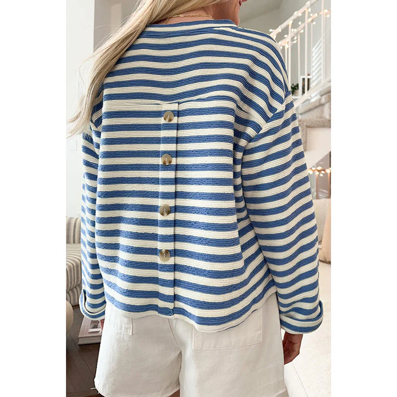 Damen Gestreiftes Sweatshirt mit V-Ausschnitt und Brusttasche Heidi-Mode - Image 4