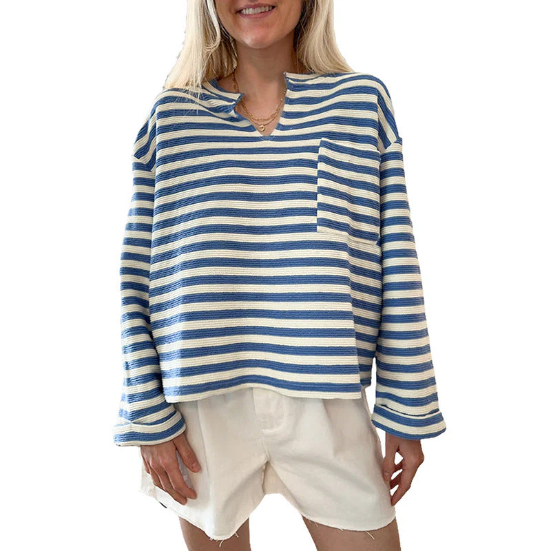 Damen Gestreiftes Sweatshirt mit V-Ausschnitt und Brusttasche Heidi-Mode - Image 5