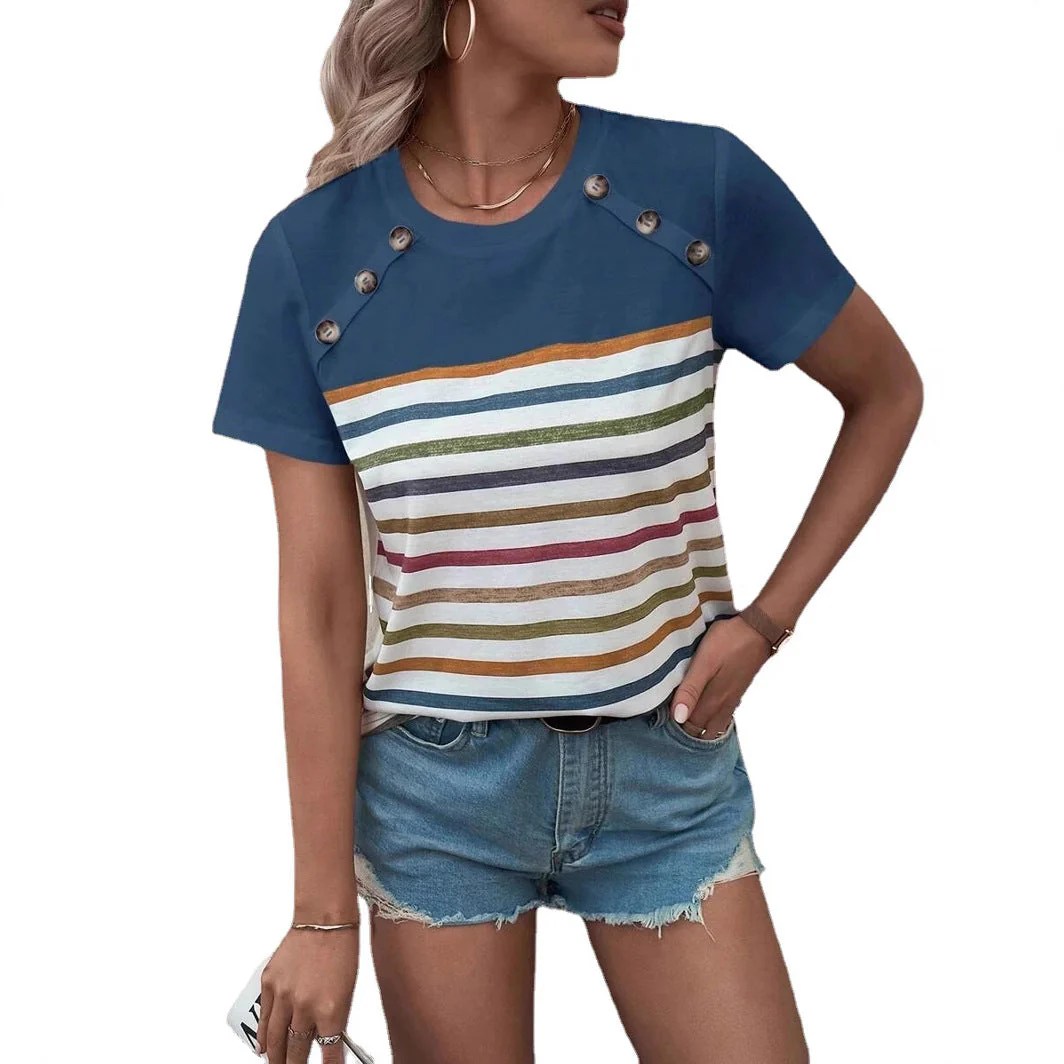 Damen Gestreiftes T-Shirt mit Modischen Knopfdetails und Rundhalsausschnitt Heidi-Mode - Image 6