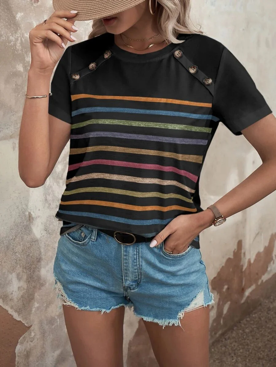 Damen Gestreiftes T-Shirt mit Modischen Knopfdetails und Rundhalsausschnitt Heidi-Mode - Image 9