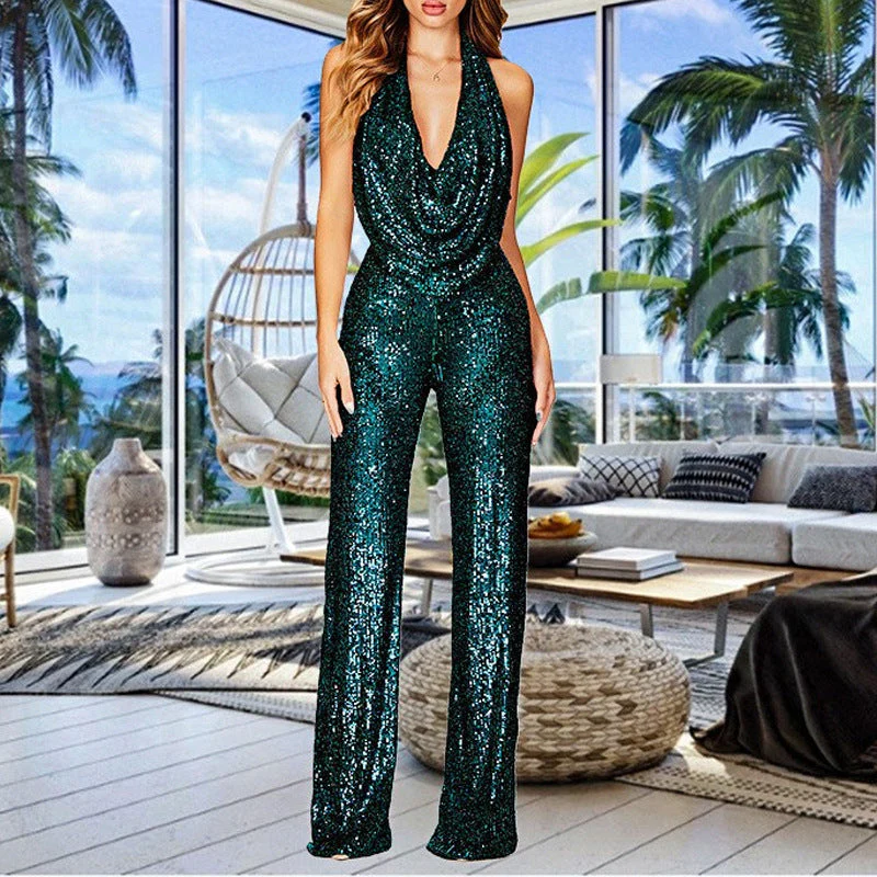 Damen Glamouröser Jumpsuit mit Schimmerndem Paillettenbesatz und Tiefem V-Ausschnitt Heidi-Mode