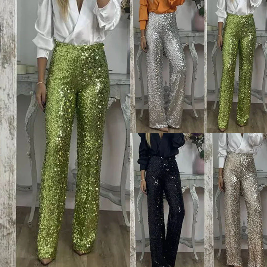 Damen Glitzernde Palazzohose mit Hohem Bund und Weitem Bein Heidi-Mode