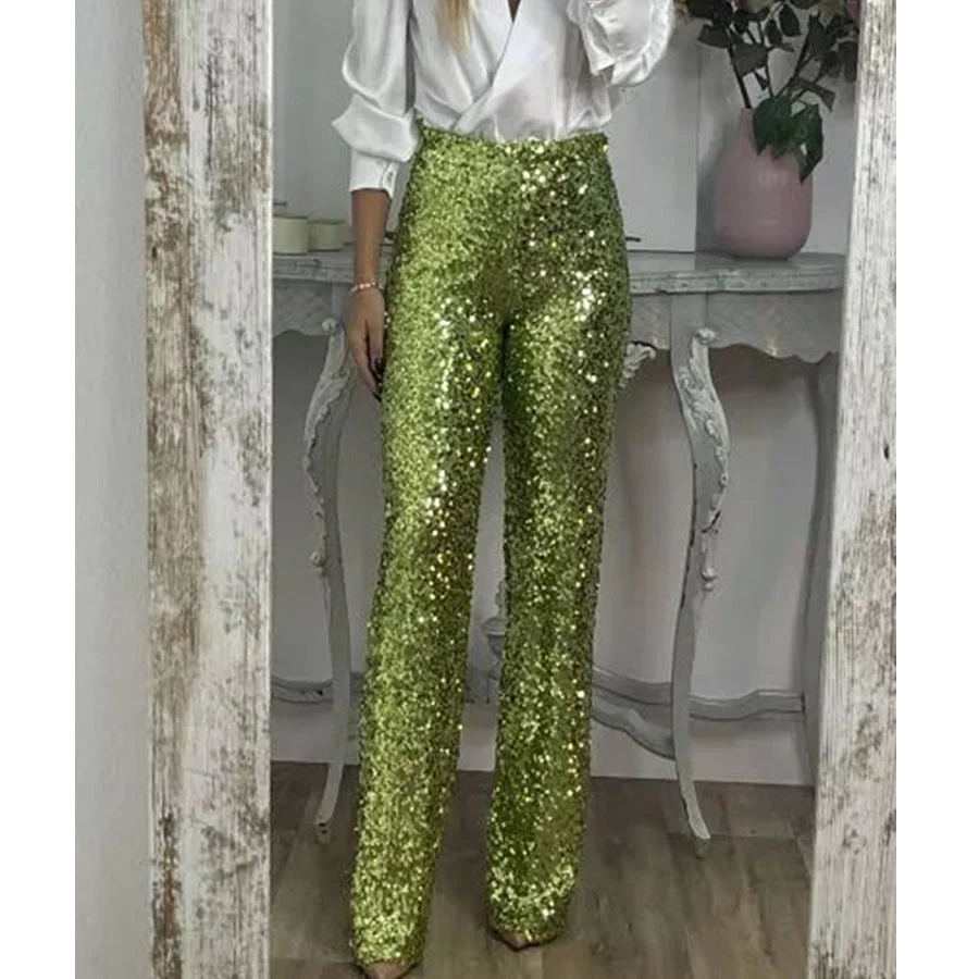 Damen Glitzernde Palazzohose mit Hohem Bund und Weitem Bein Heidi-Mode - Image 2
