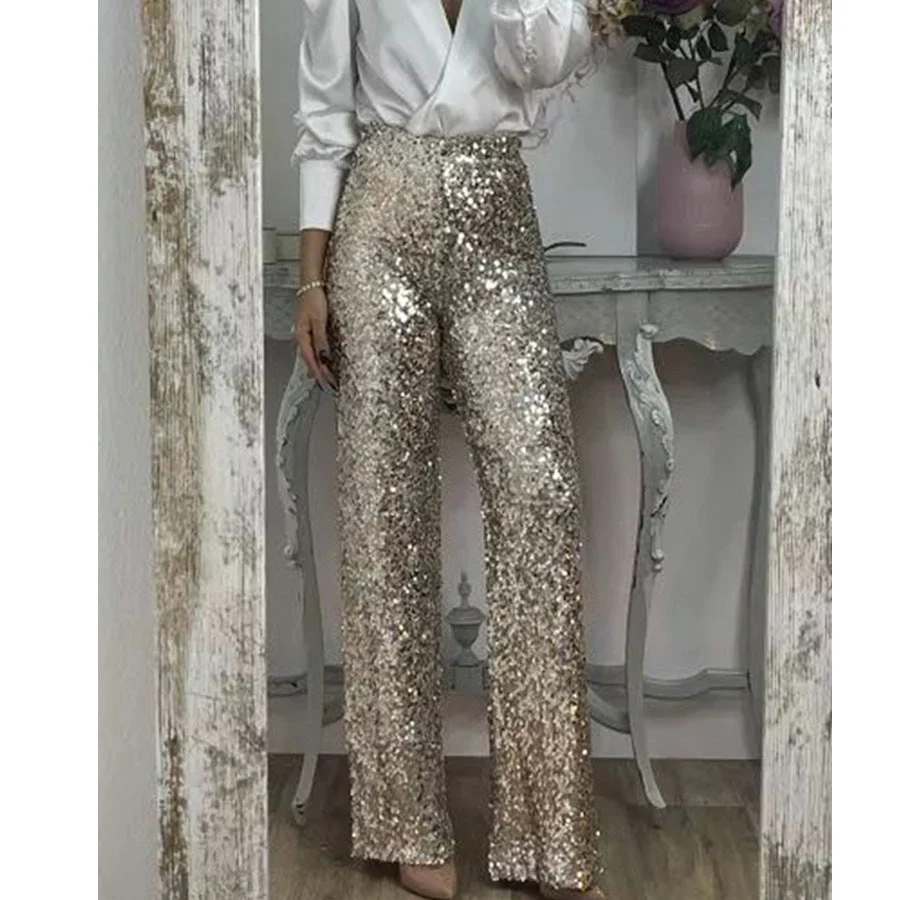 Damen Glitzernde Palazzohose mit Hohem Bund und Weitem Bein Heidi-Mode - Image 4