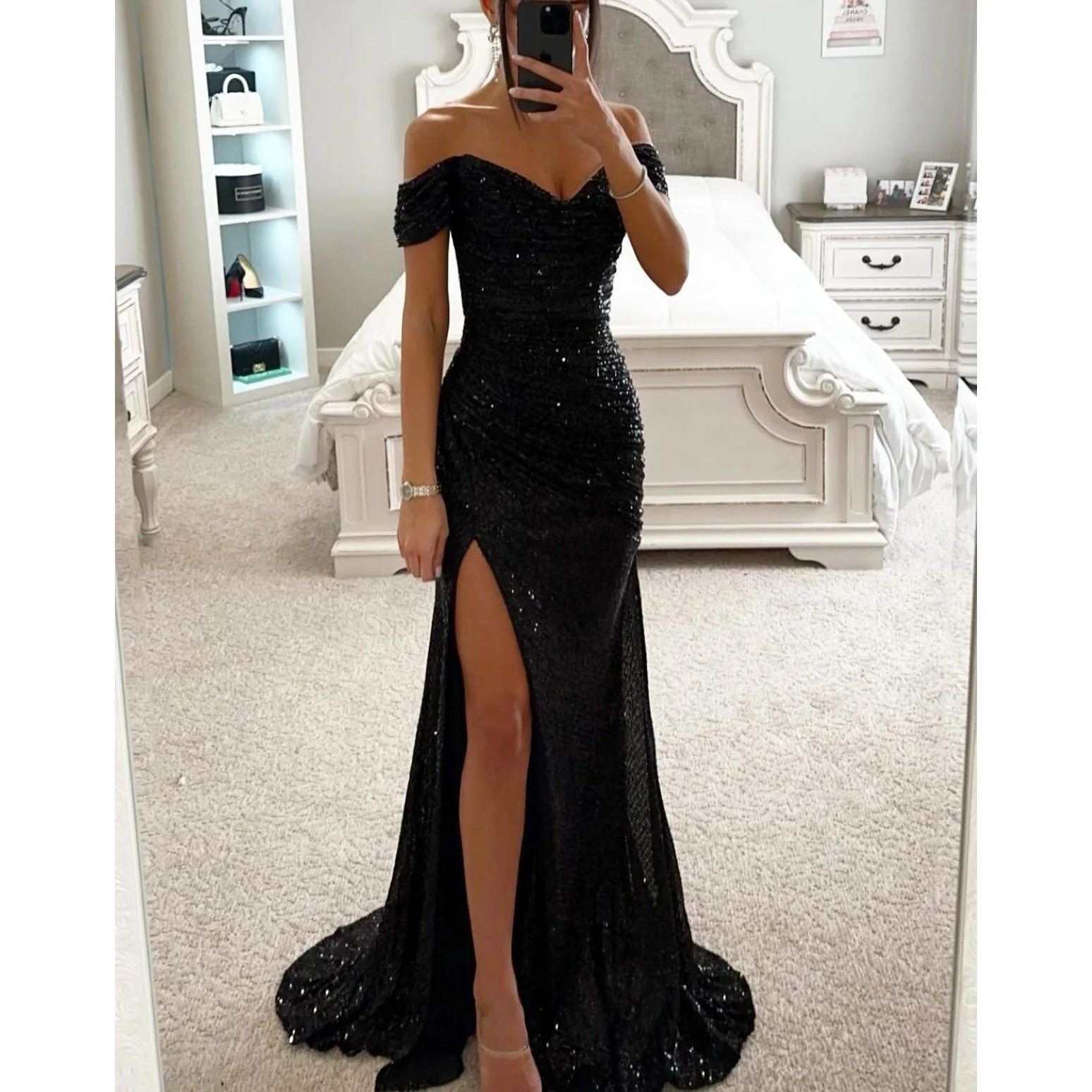 Damen Glitzerndes Abendkleid mit Schulterfreiem Design und Hohem Schlitz Heidi-Mode - Image 5