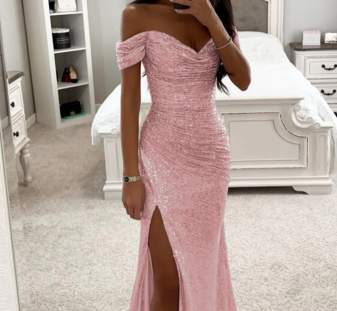 Damen Glitzerndes Abendkleid mit Schulterfreiem Design und Hohem Schlitz Heidi-Mode - Image 7