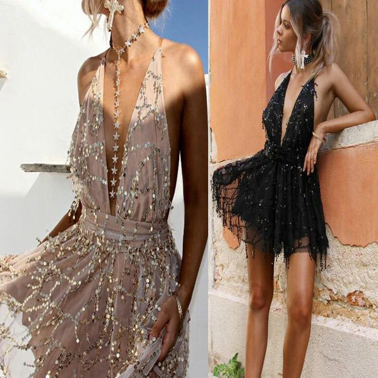 Damen Glitzerndes Cocktailkleid mit Tiefem V-Ausschnitt und Schwingendem Rock Heidi-Mode - Image 3