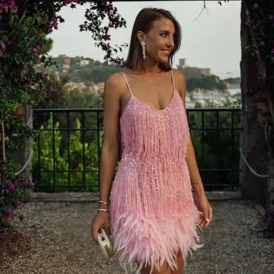 Damen Glitzerndes Kurzkleid mit Federn und Funkelnden Pailletten Heidi-Mode - Image 2