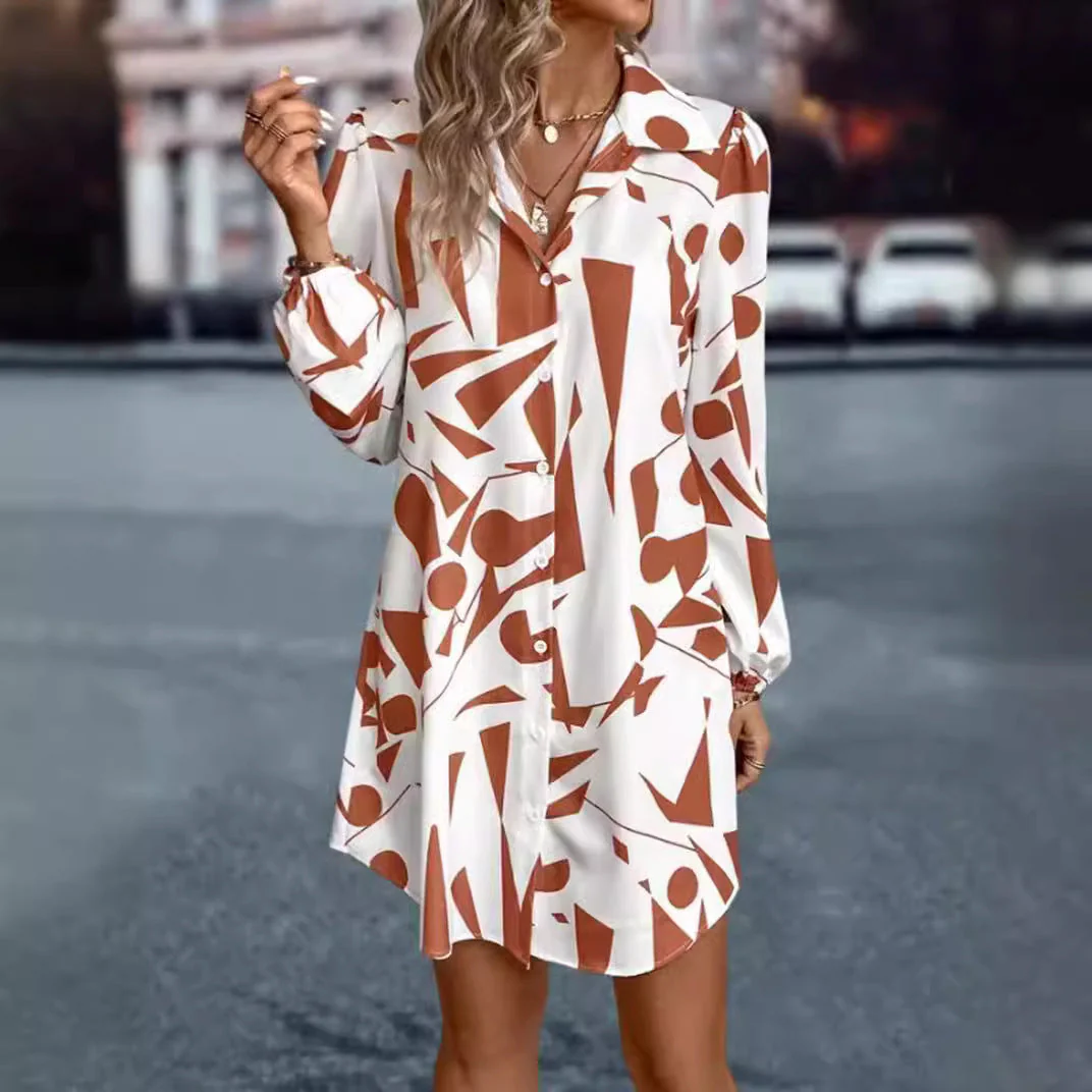 Damen Hemdblusen-Kleid mit Modernem Geometrischem Druck und Praktischen Knopfdetails Heidi-Mode