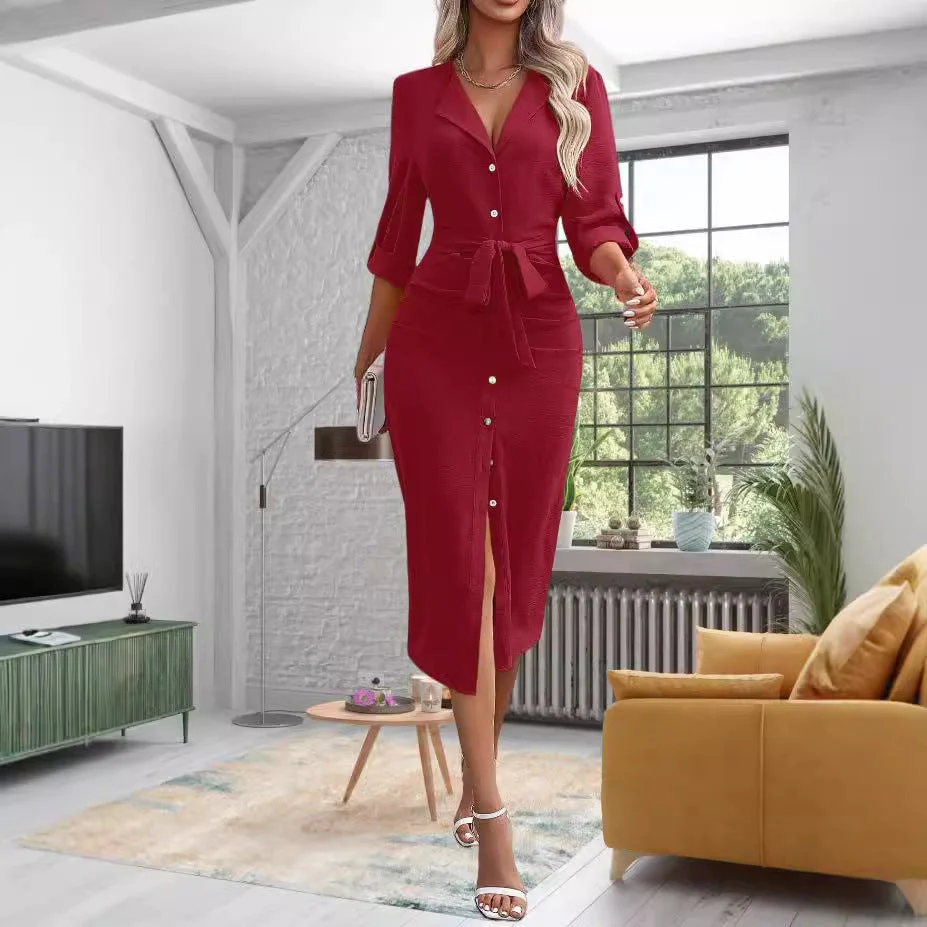 Damen Hemdblusenkleid mit Bindegürtel und Knöpfbarem Detail Heidi-Mode - Image 4