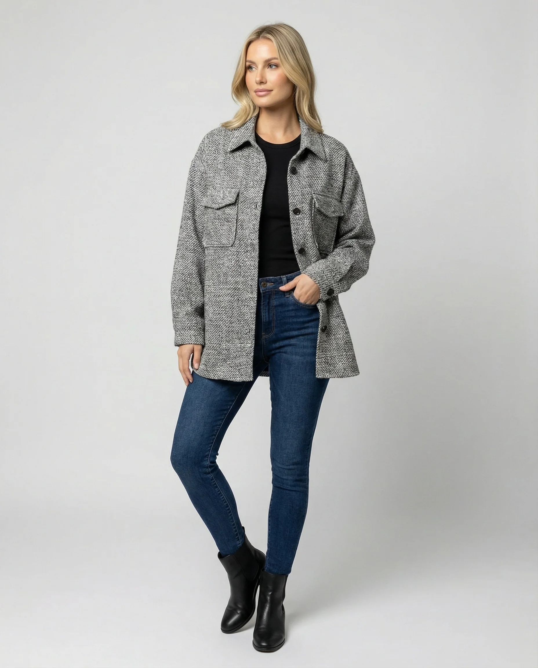 Damen herren übergangsjacken weite strukturierte Hemdjacke aus Strukturstoff mit Ballonärmeln und Hemdkragen Heidi-Mode - Image 3