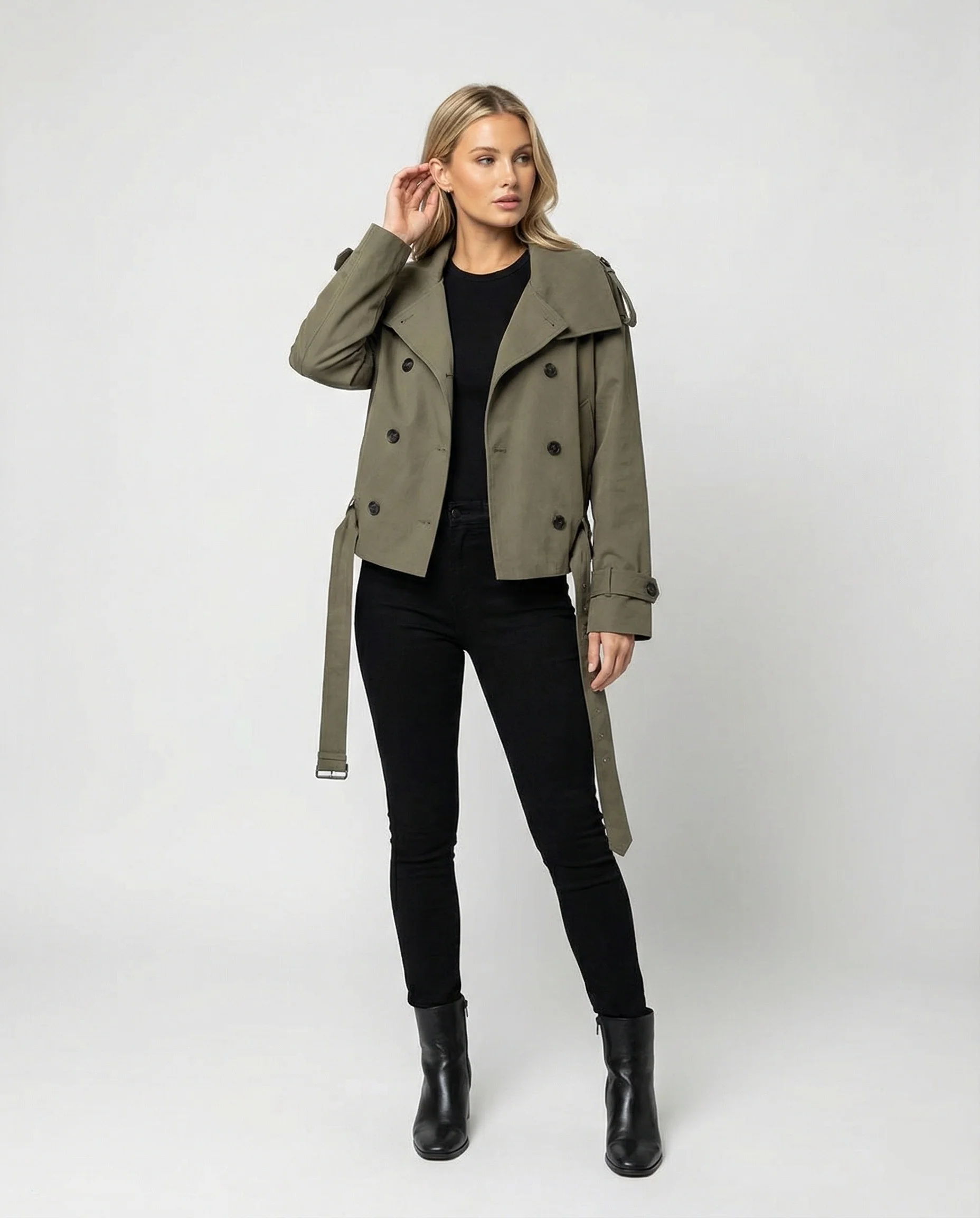 Damen Herrenmode kurze doppelt geknöpfte Trenchjacke mit Taillengürtel weitem Kragen und Schulterklappen Heidi-Mode - Image 3