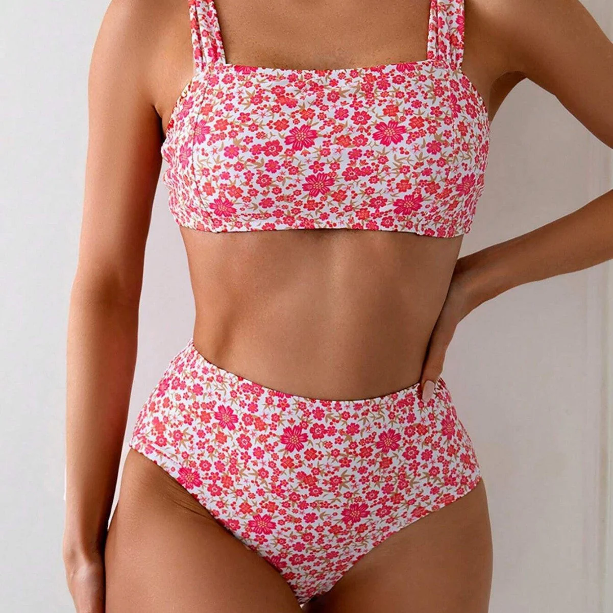 Heidi-Mode | Damen Hoch Tailliertes Bikini-Set mit Floralen Mustern und Breiten Trägern