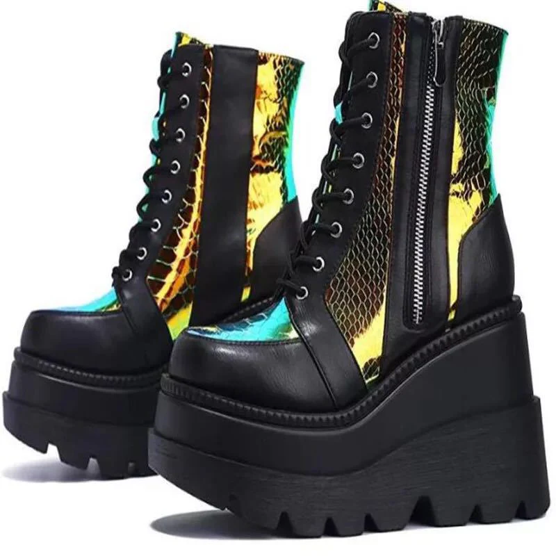 Damen Hochformatige Plateau-Schnürstiefel mit Kunstleder und reflektierenden Akzenten Heidi Mode - Image 4