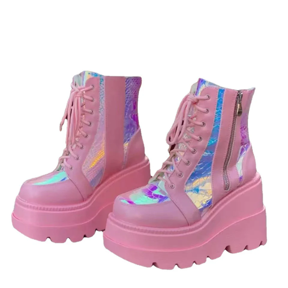 Damen Hochformatige Plateau-Schnürstiefel mit Kunstleder und reflektierenden Akzenten Heidi Mode - Image 5