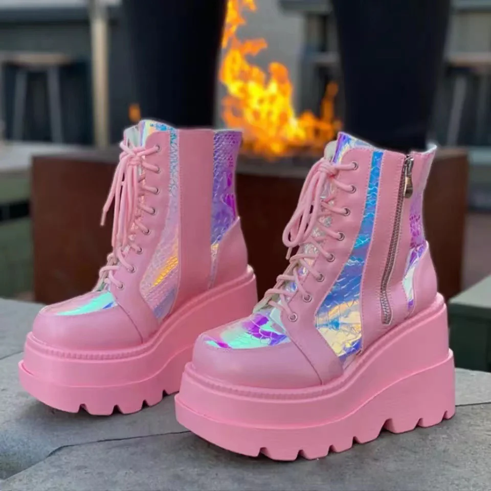 Damen Hochformatige Plateau-Schnürstiefel mit Kunstleder und reflektierenden Akzenten Heidi Mode - Image 7
