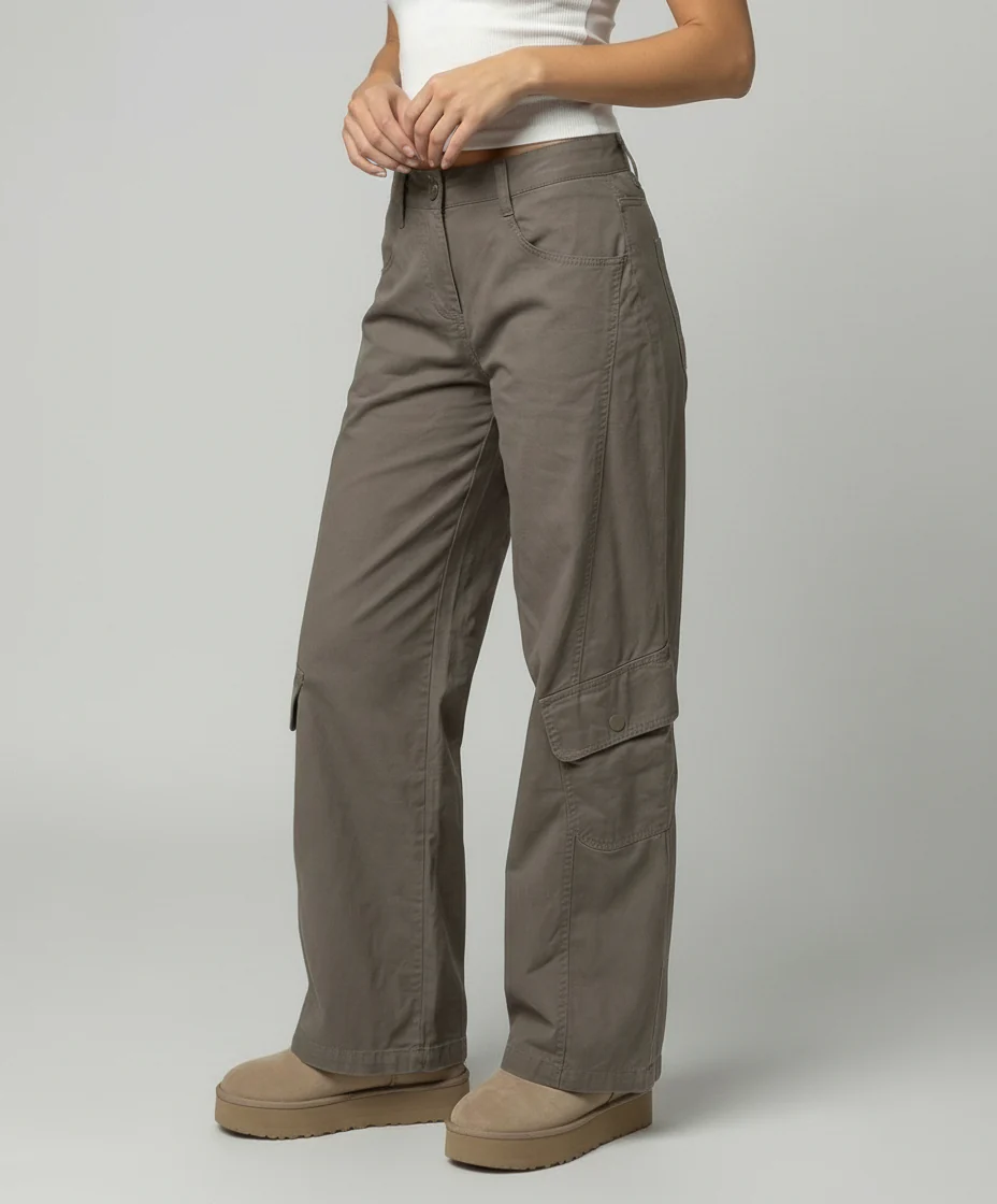 Damen hochgeschnittene Cargo-Hose mit weitem Bein, aufgesetzten Klappentaschen und Ziernähten Heidi-Mode