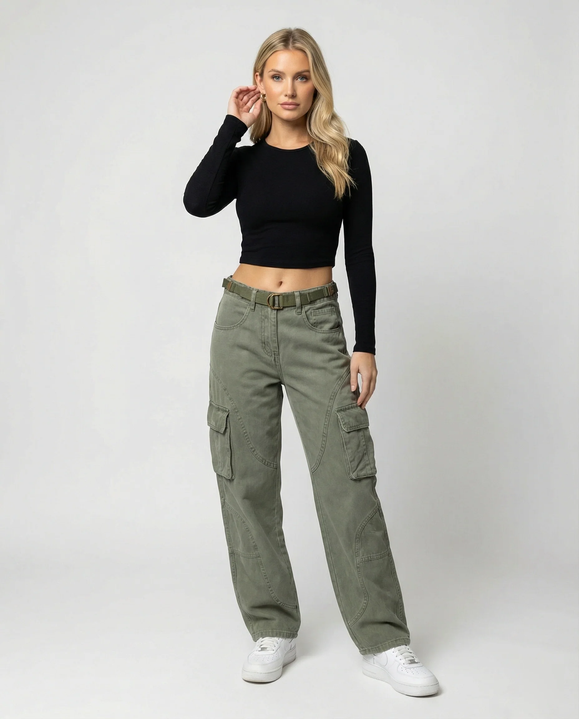 Damen hochgeschnittene Cargohose mit weitem Bein, verstärkten Kniepartien und integriertem Textilgürtel Heidi-Mode - Image 2