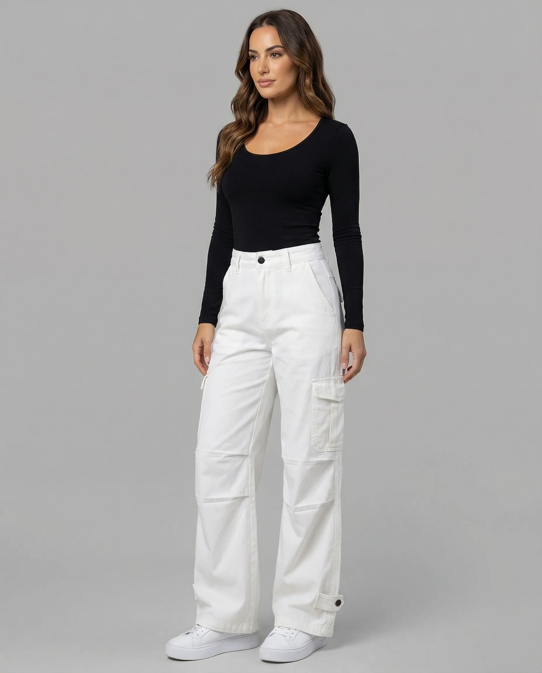 Damen hochgeschnittene weite Cargo-Hose mit Kellerfalten, großen Klappentaschen und verstellbarem Druckknopfsaum Heidi-Mode - Image 2