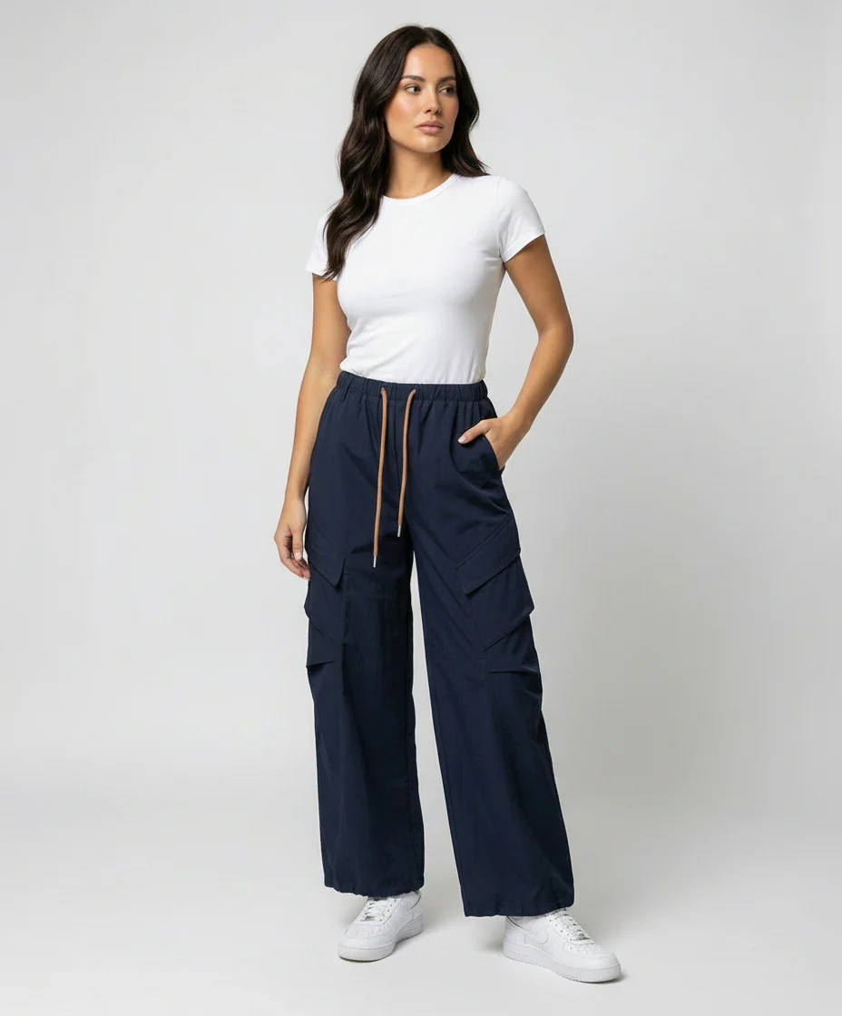 Damen nan hochgeschnittene weite Freizeit-Hose im Utility-Look mit großen Klappentaschen und Kordelzugbund Heidi-Mode - Image 2